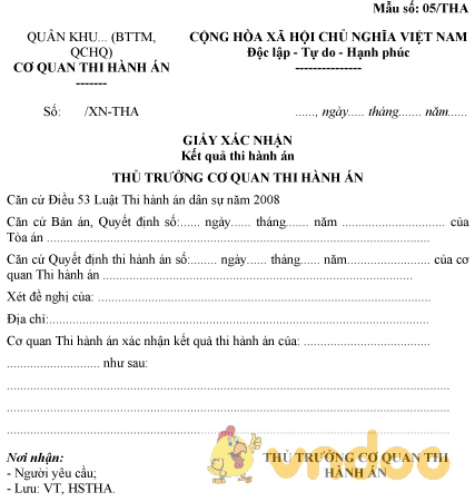 Mẫu số 05/THA: Giấy xác nhận kết quả thi hành án