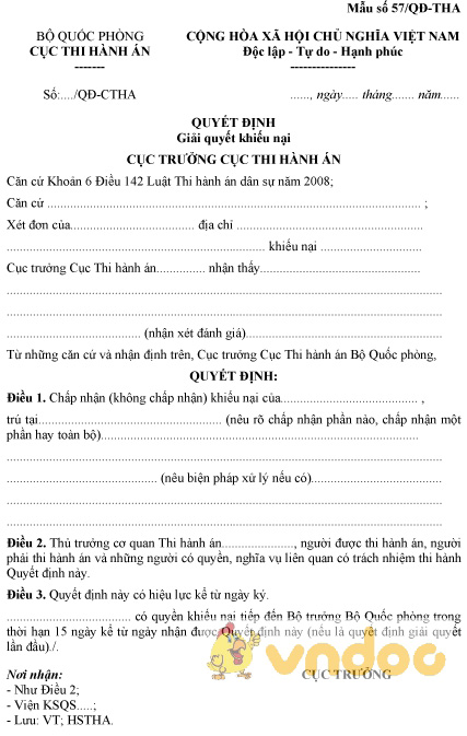 Mẫu số 57/QĐ-THA: Quyết định giải quyết khiếu nại