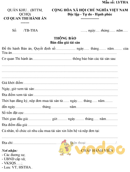 Mẫu số 13/THA: Thông báo bán đấu giá tài sản