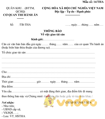 Mẫu số 14/THA: Thông báo giao tài sản