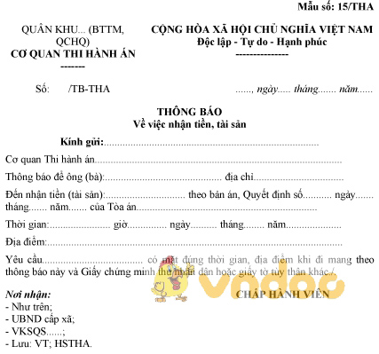 Mẫu số 15/THA: Thông báo nhận tiền, tài sản