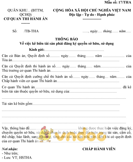Mẫu số 17/THA: Thông báo kê biên tài sản phải đăng ký quyền sở hữu, sử dụng