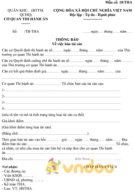 Mẫu số 18/THA: Thông báo bán tài sản
