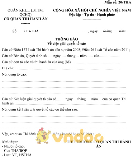 Mẫu số 20/THA: Thông báo giải quyết tố cáo