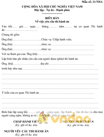 Mẫu số 21/THA: Biên bản yêu cầu thi hành án