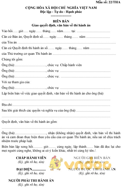 Mẫu số 22/THA: Biên bản giao quyết định, văn bản về thi hành án