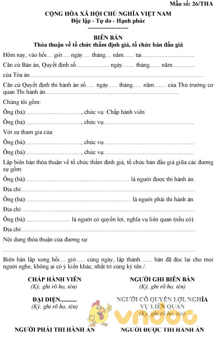 Mẫu số 26/THA: Biên bản thỏa thuận tổ chức thẩm định giá, tổ chức bán đấu giá