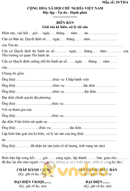 Mẫu số 29/THA: Biên bản giải tỏa kê biên, xử lý tài sản