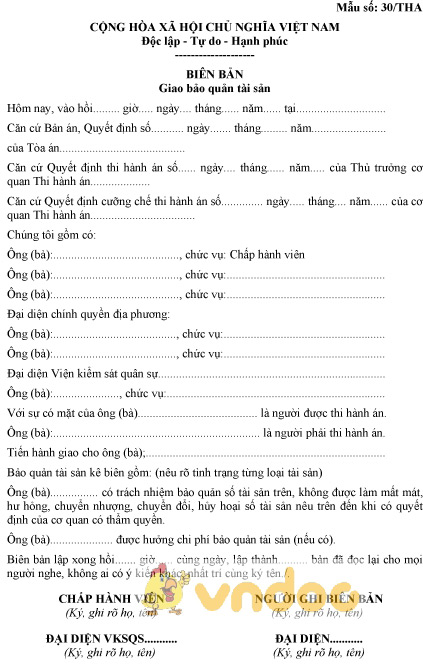 Mẫu số 30/THA: Biên bản giao bảo quản tài sản