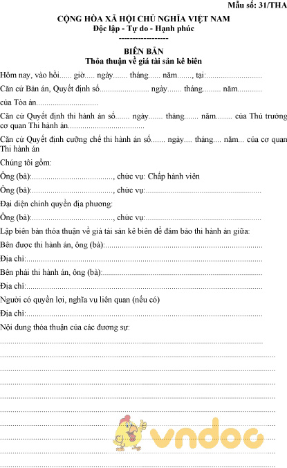 Mẫu số 31/THA: Biên bản thỏa thuận về giá tài sản kê biên