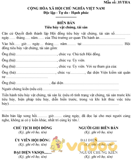 Mẫu số 35/THA: Biên bản tiêu hủy vật chứng, tài sản
