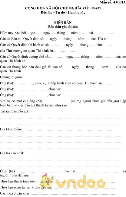 Mẫu số 43/THA: Biên bản bán đấu giá tài sản