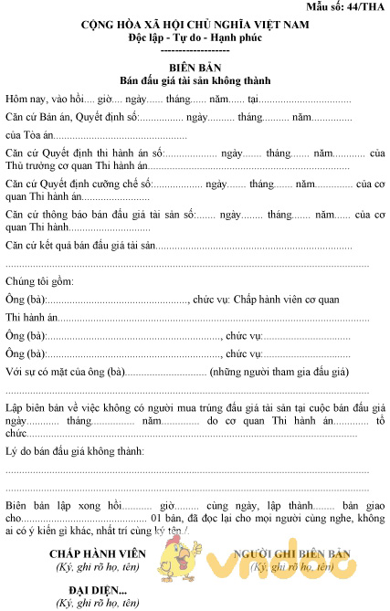 Mẫu số 44/THA: Biên bản bán đấu giá tài sản không thành