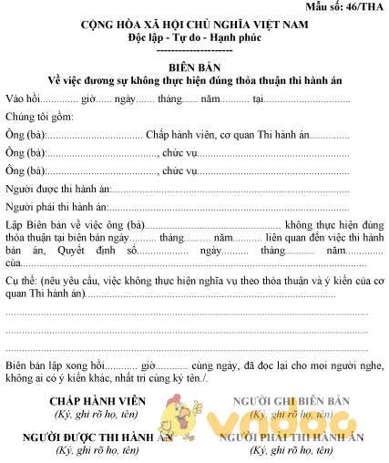 Mẫu số 46/THA: Biên bản đương sự không thực hiện đúng thỏa thuận thi hành án