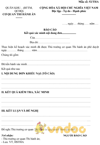 Mẫu số 52/THA: Báo cáo kết quả xác minh nội dung đơn