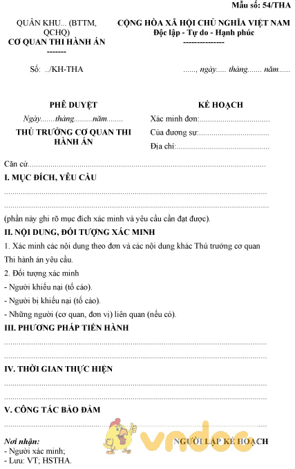 Mẫu số 54/THA: Kế hoạch xác minh đơn của đương sự