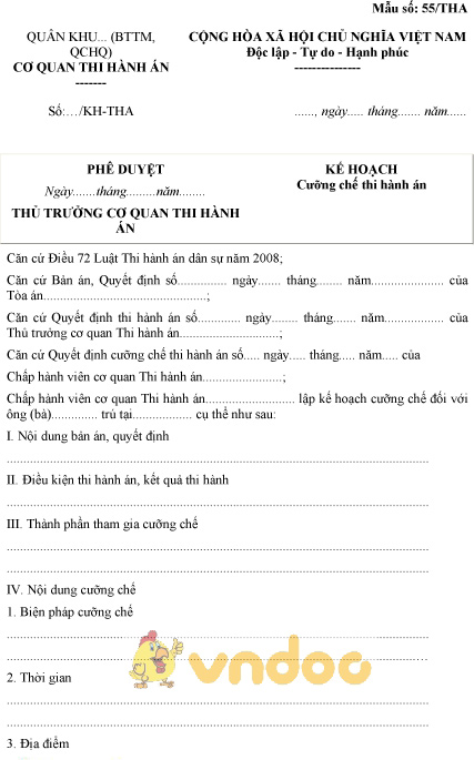 Mẫu số 55/THA: Kế hoạch cưỡng chế thi hành án