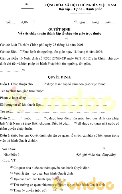 Mẫu quyết định chấp thuận thành lập tổ chức tôn giáo trực thuộc