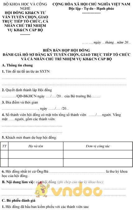 Mẫu biên bản họp hội đồng đánh giá hồ sơ đăng ký chủ trì nhiệm vụ KH&CN cấp bộ