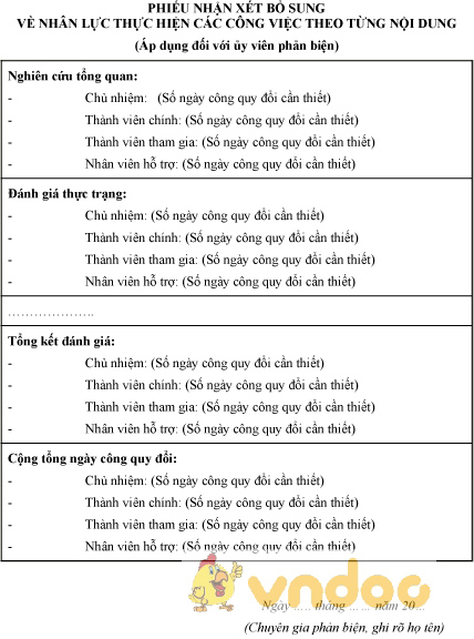 Mẫu phiếu nhận xét bổ sung nhân lực áp dụng với ủy viên phản biện