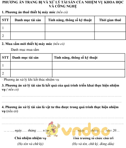 Mẫu phương án trang bị và xử lý tài sản của nhiệm vụ khoa học và công nghệ