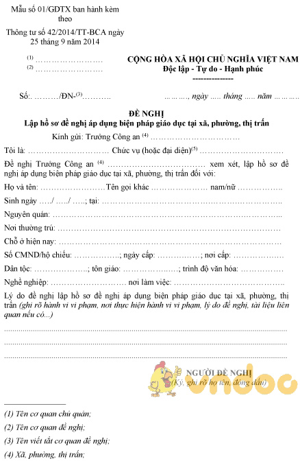 Mẫu số 01/GDTX: Đề nghị lập hồ sơ đề nghị áp dụng biện pháp giáo dục tại xã, phường, thị trấn