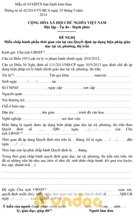 Mẫu số 03/GDTX: Đề nghị miễn chấp hành thời gian còn lại của quyết định áp dụng giáo dục