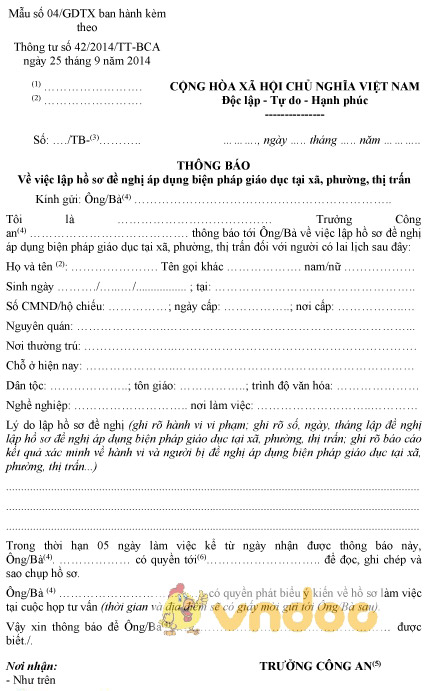 Mẫu số 04/GDTX: Thông báo lập hồ sơ đề nghị áp dụng biện pháp giáo dục tại xã, phường, thị trấn