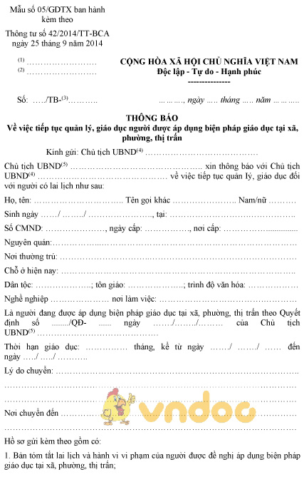 Mẫu số 05/GDTX: Thông báo tiếp tục quản lý, giáo dục người được áp dụng biện pháp giáo dục