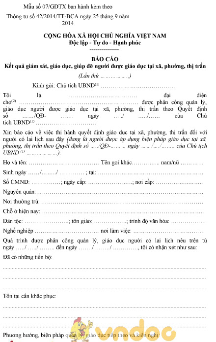 Mẫu số 07/GDTX: Báo cáo kết quả giám sát, giáo dục