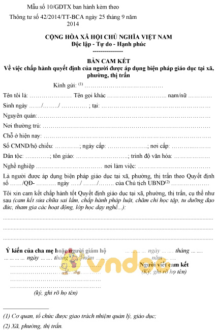 Mẫu số 10/GDTX: Bản cam kết