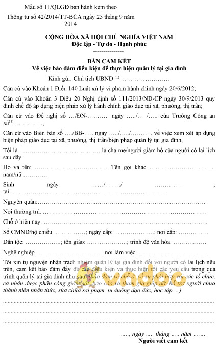 Mẫu số 11/QLGĐ: Bản cam kết bảo đảm điều kiện để thực hiện quản lý tại gia đình