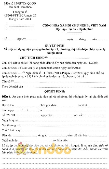 Mẫu số 12/GDTX-QLGĐ: Quyết định áp dụng biện pháp giáo dục tại xã, quản lý tại gia đình