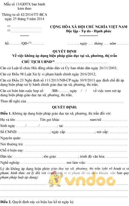 Mẫu số 13/GDTX: Quyết định không áp dụng biện pháp giáo dục