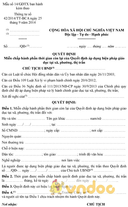 Mẫu số 14/GDTX: Quyết định miễn chấp hành thời gian còn lại của áp dụng biện pháp giáo dục