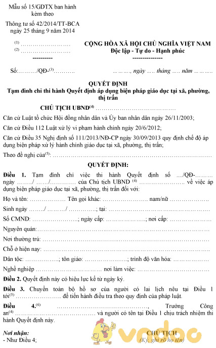 Mẫu số 15/GDTX: Quyết định tạm đình chỉ thi hành quyết định áp dụng biện pháp giáo dục