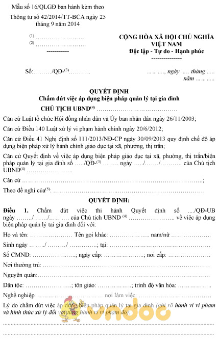Mẫu số 16/QLGĐ: Quyết định chấm dứt áp dụng biện pháp quản lý tại gia đình