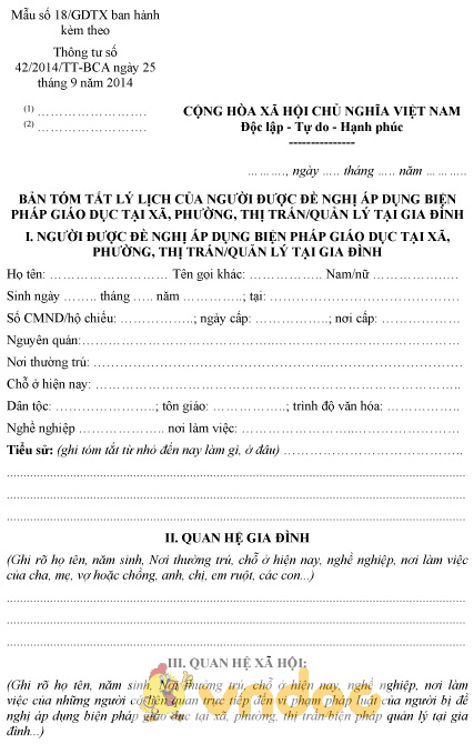 Mẫu số 18/GDTX: Bản tóm tắt lý lịch của người được đề nghị áp dụng biện pháp giáo dục