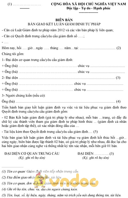Mẫu biên bản bàn giao kết luận giám định tư pháp