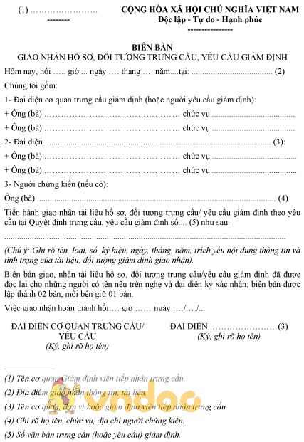 Mẫu biên bản giao nhận hồ sơ, đối tượng trưng cầu, yêu cầu giám định
