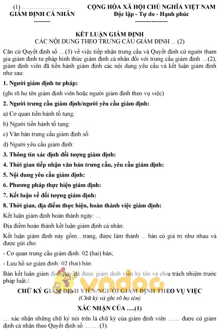 Mẫu kết luận giám định cá nhân
