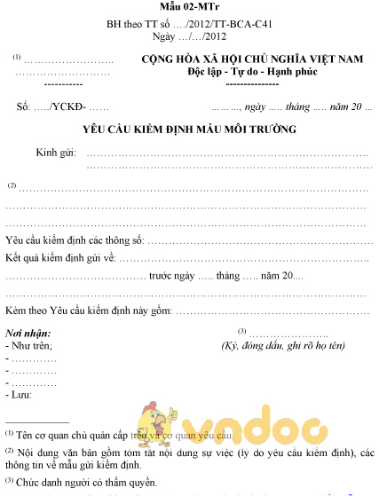Mẫu 02-MTr: Yêu cầu kiểm định mẫu môi trường