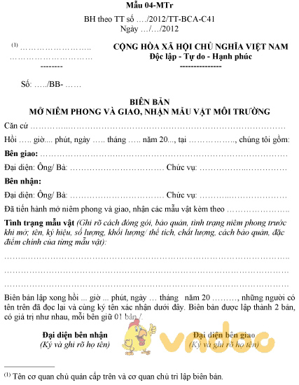 Mẫu 04-MTr: Biên bản mở niêm phong và giao, nhận mẫu vật môi trường