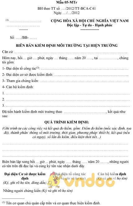 Mẫu 05-MTr: Biên bản kiểm định môi trường tại hiện trường