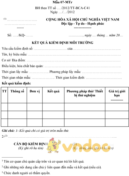 Mẫu 07-MTr: Kết quả kiểm định môi trường