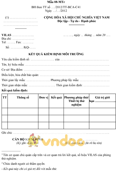 Mẫu 08-MTr: Kết quả kiểm định môi trường
