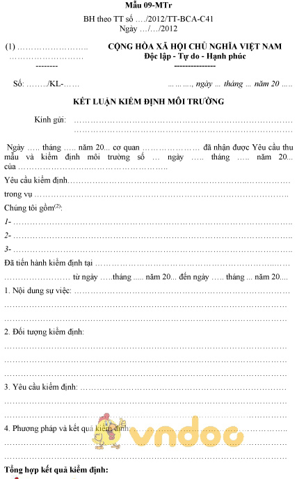 Mẫu 09-MTr: Kết luận kiểm định môi trường