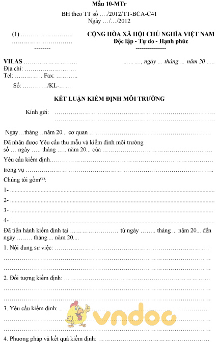 Mẫu 10-MTr: Kết luận kiểm định môi trường