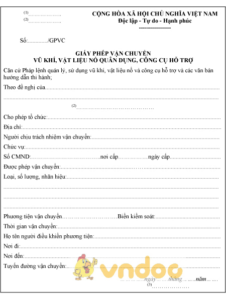 Mẫu VC4: Giấy phép vận chuyển vũ khí, vật liệu nổ quân dụng, công cụ hỗ trợ