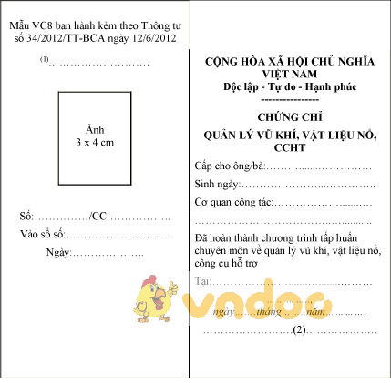 Mẫu VC8: Chứng chỉ quản lý vũ khí, vật liệu nổ, công cụ hỗ trợ